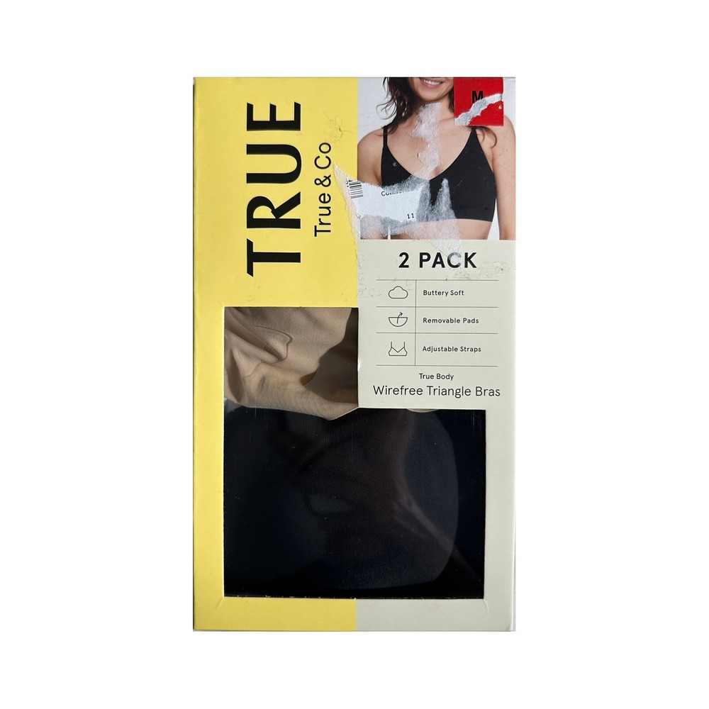 True & Co True Body Wirefree Triangle Bras 2 Pack Black Beige Medium 1868018